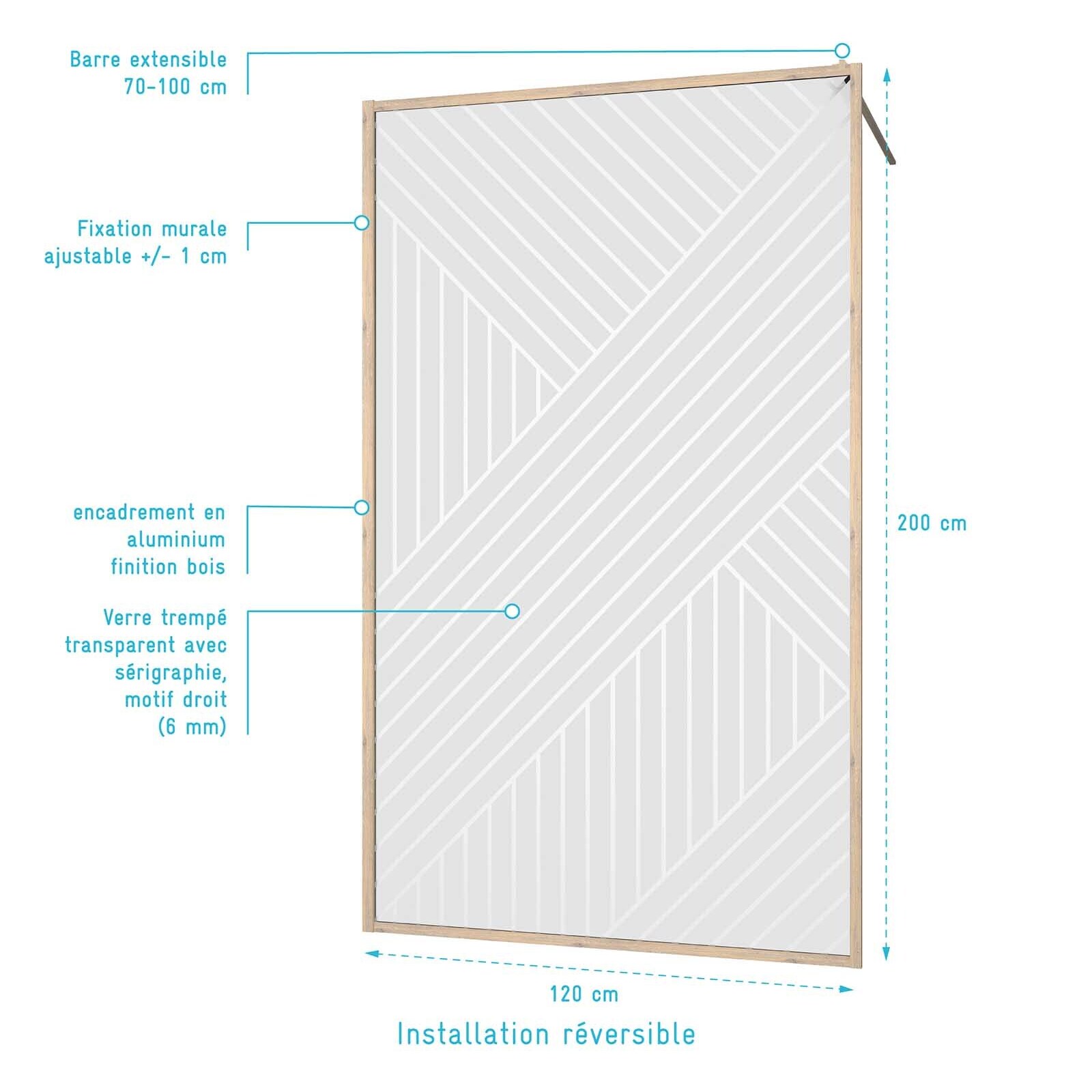Paroi de douche 120x200 HINATA - Style Japandi Geometrique - Cadre Effet Bois - Verre 6mm