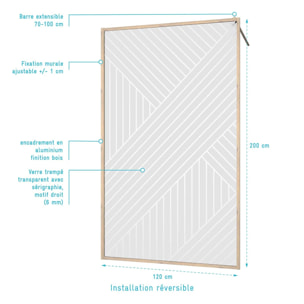 Paroi de douche 120x200 HINATA - Style Japandi Geometrique - Cadre Effet Bois - Verre 6mm