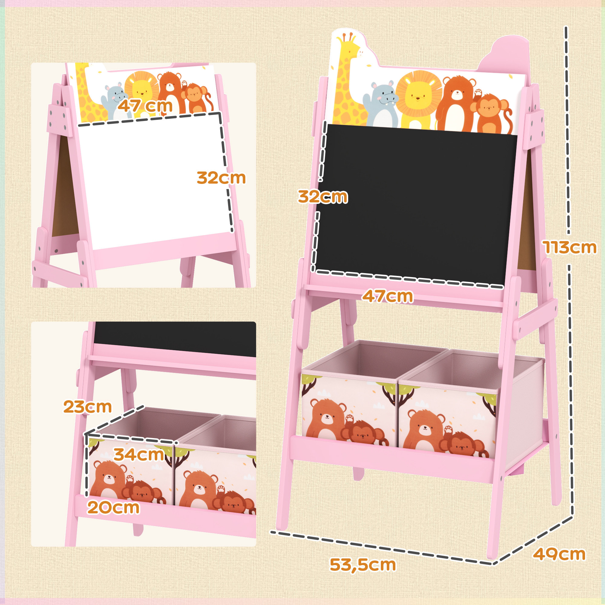 Pizarra Infantil Caballete 2 en 1 Doble Cara con Pizarra Blanca 2 Cestas de Almacenamiento Caballete Pintura Niños con Estampado de Animales 53,5x49x113 cm Rosa