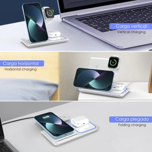 Base di ricarica wireless pieghevole 3 in 1. Base Qi da 15 W a doppia posizione, caricabatterie per Apple Watch e base Qi. Con luce ambientale blu. Funzione supporto.