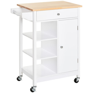 Desserte cuisine - chariot de service - porte, 3 étagères, tiroir, porte-serviettes - blanc plateau bois hévéa verni