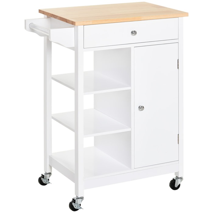 Desserte cuisine - chariot de service - porte, 3 étagères, tiroir, porte-serviettes - blanc plateau bois hévéa verni