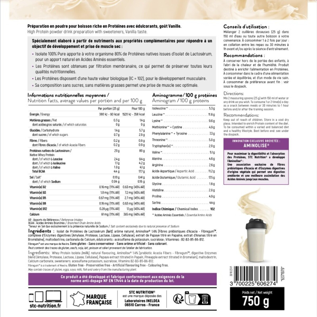 STC NUTRITION - Isolate 100% pure - Spéciale prise de muscle sec - Définition de la masse musculaire - Actif breveté - 30 rations - Avec cuillère doseuse - Marque Française - 750g