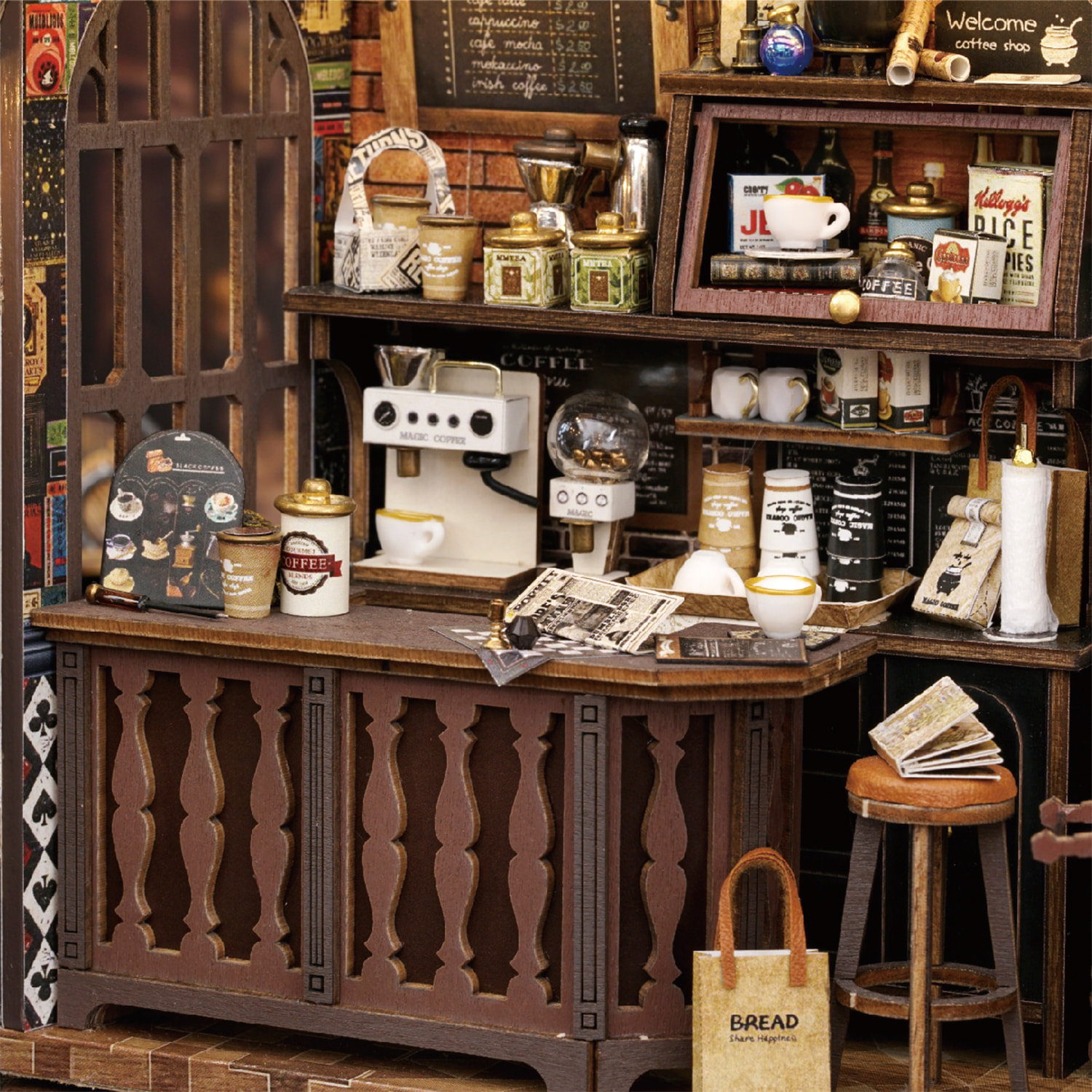 Cafetería Antigua. Maqueta 3D realista con gran detalle con cubierta antipolvo y luces led.