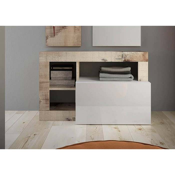 Scarpiera Adonide, Mobile portascarpe, Armadio da ingresso multiuso, Mobiletto per calzature, Made in Italy, 91x35 h58 cm, Bianco lucido e Acacia