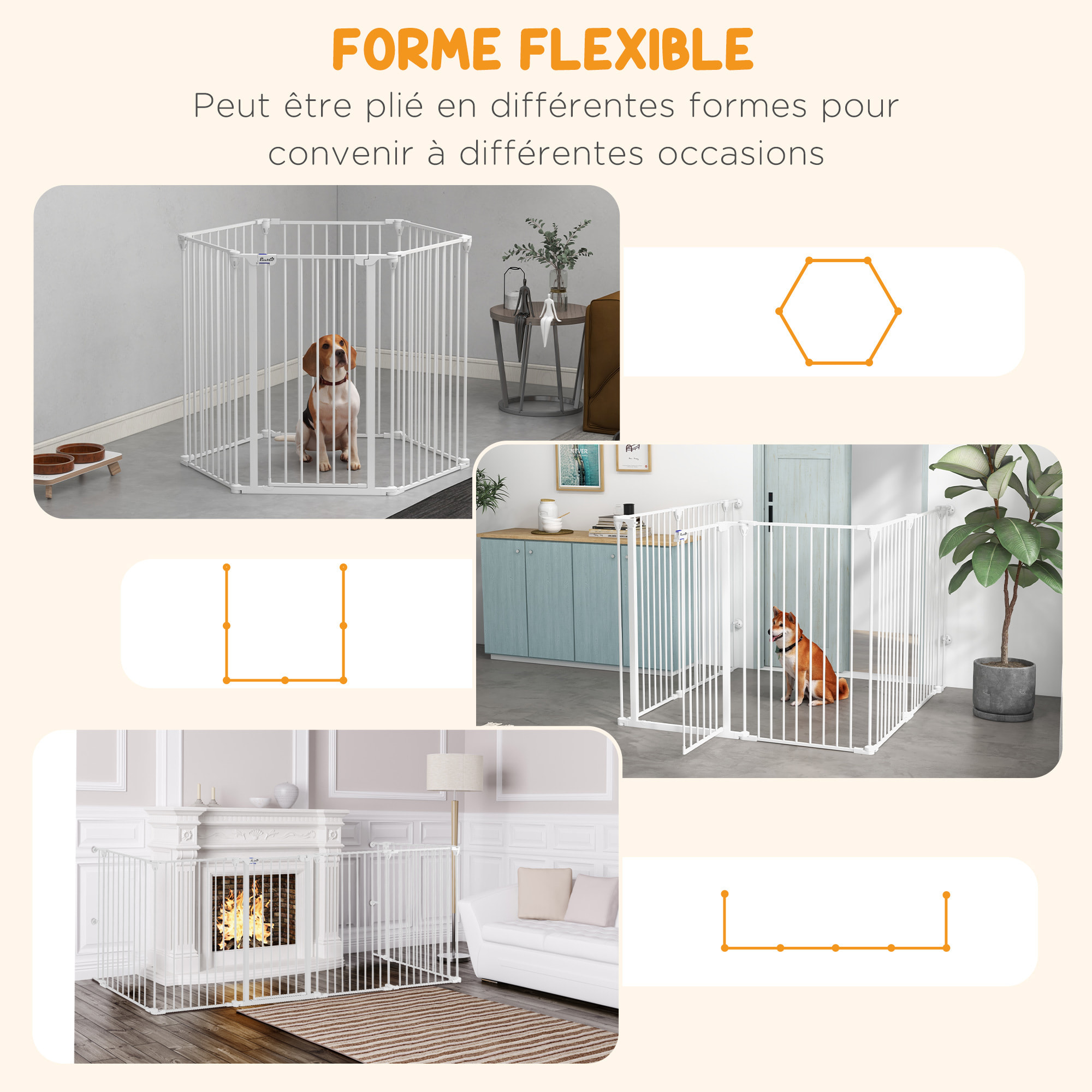 Barrière de sécurité parc enclos chien modulable pliable porte verrouillable intégrée 6 panneaux acier PP blanc