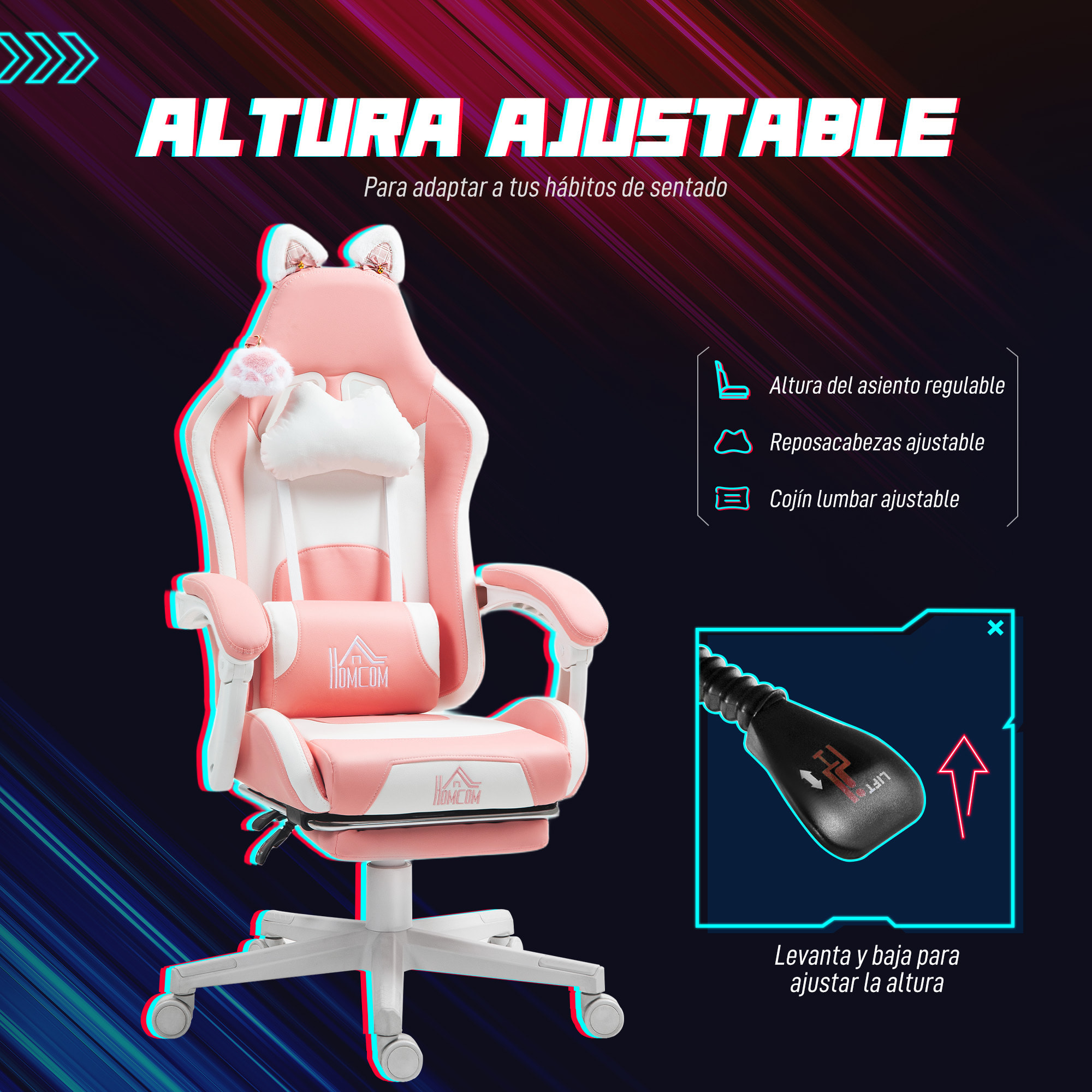 Silla Gaming con Orejas Silla Gamer Reclinable con Altura Ajustable Reposapiés Retráctil Soporte Lumbar y Reposacabezas Desmontable Silla para Oficina Estudio Rosa