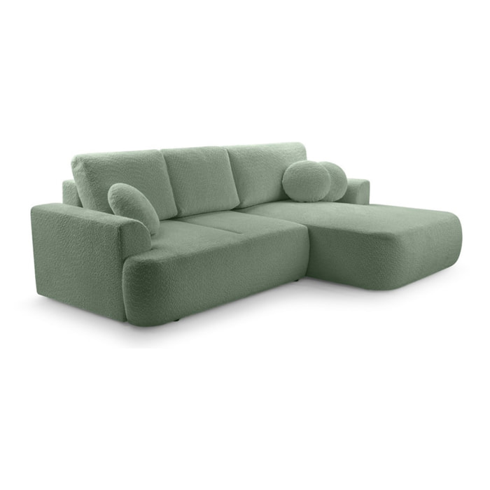 Candela - canapé d'angle droit 4 places - convertible avec coffre - en tissu bouclette - Vert sauge