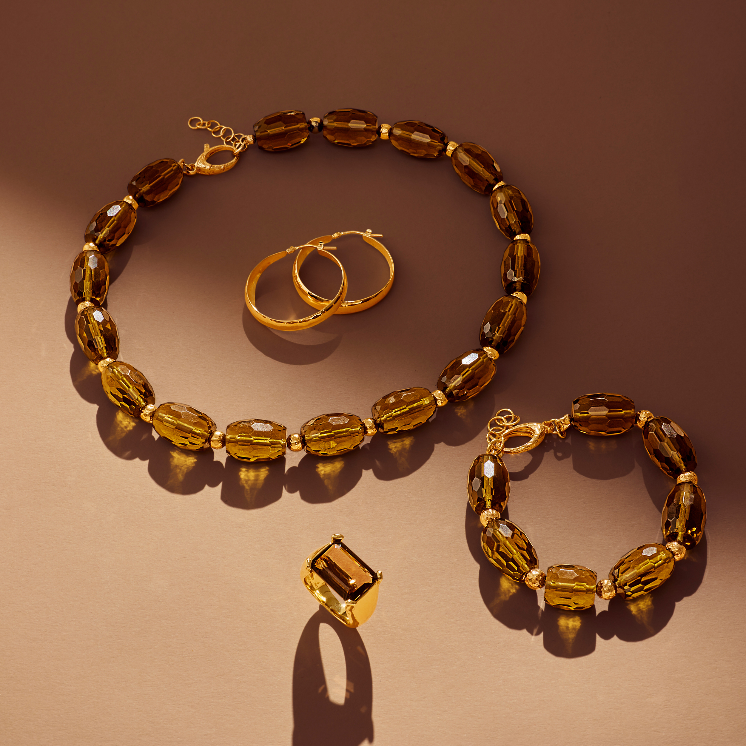 Bracciale in Argento 925 Placcato Oro Giallo 18kt con Quarzo Marrone e Sfere Martellate