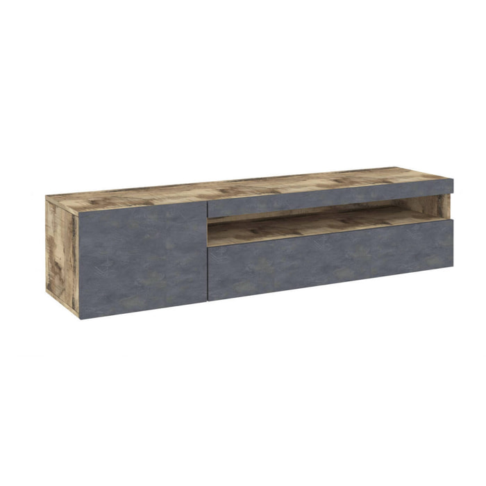Mobile porta TV Aquilo, Credenza bassa da soggiorno, Base porta televisione, 100% Made in Italy, cm 150x40h37, Acero e Ardesia, con luce LED