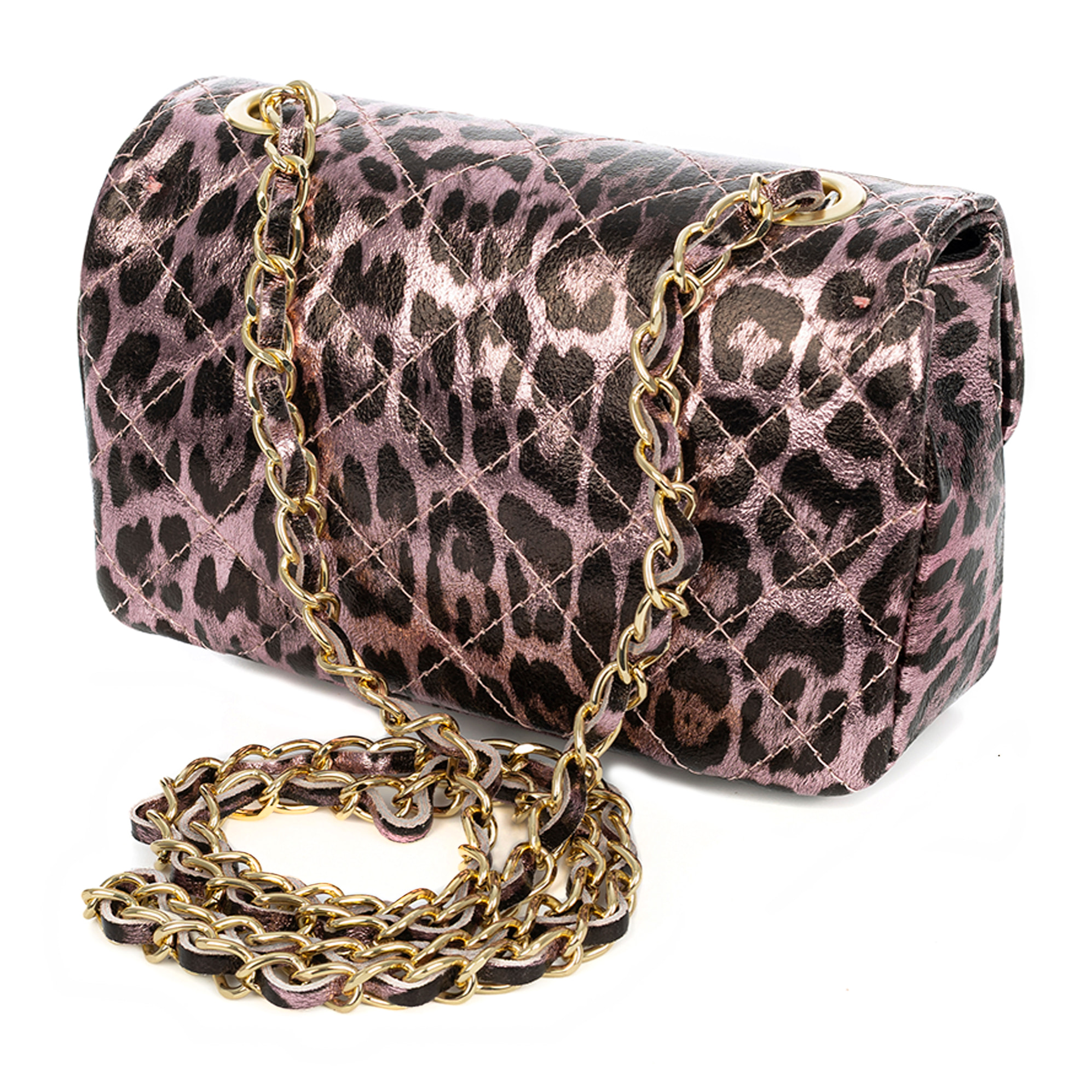 Amaro bolso bandolera mujer. Piel auténtica Gamuza acolchada, animal print leopardo, lacado brillante.