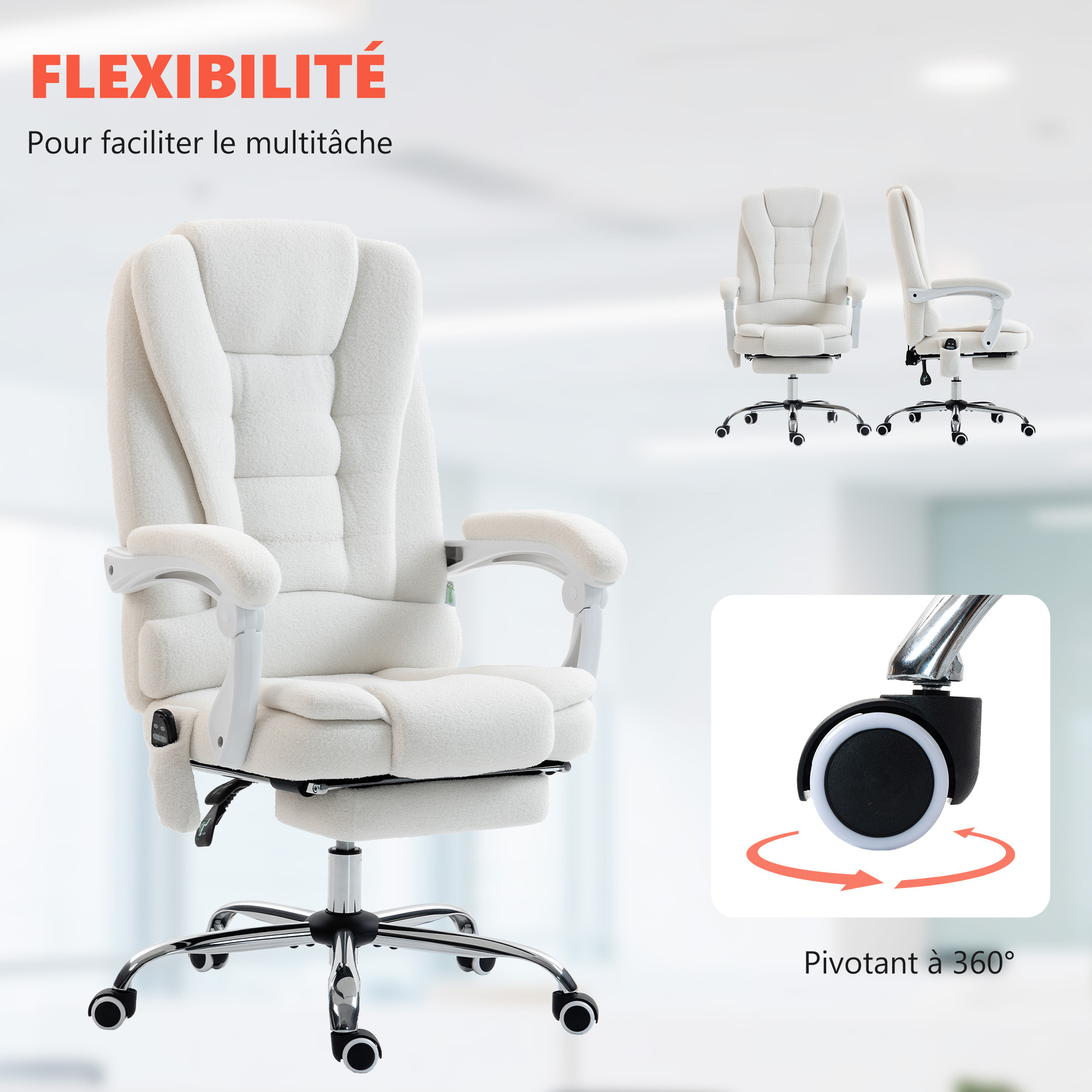 Fauteuil de bureau direction massant chauffant inclinable réglable bouclette blanc