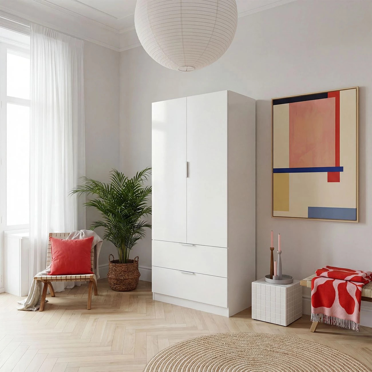 Armario de 2 puertas y 2 cajones en blanco 81,5x180 cm Lark Blanco