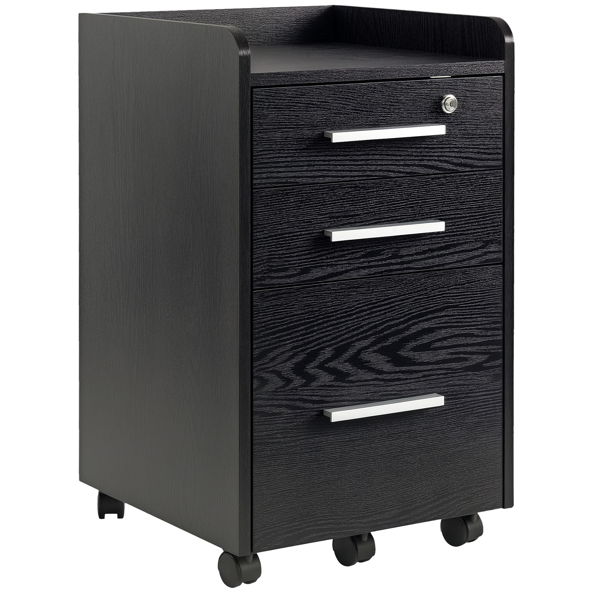 Caisson de bureau rangement bureau sur roulettes 3 tiroirs 1 verrouillable 1 trieur dossiers effet bois noir
