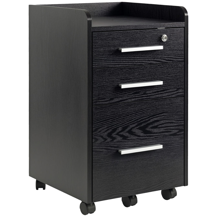 Caisson de bureau rangement bureau sur roulettes 3 tiroirs 1 verrouillable 1 trieur dossiers effet bois noir