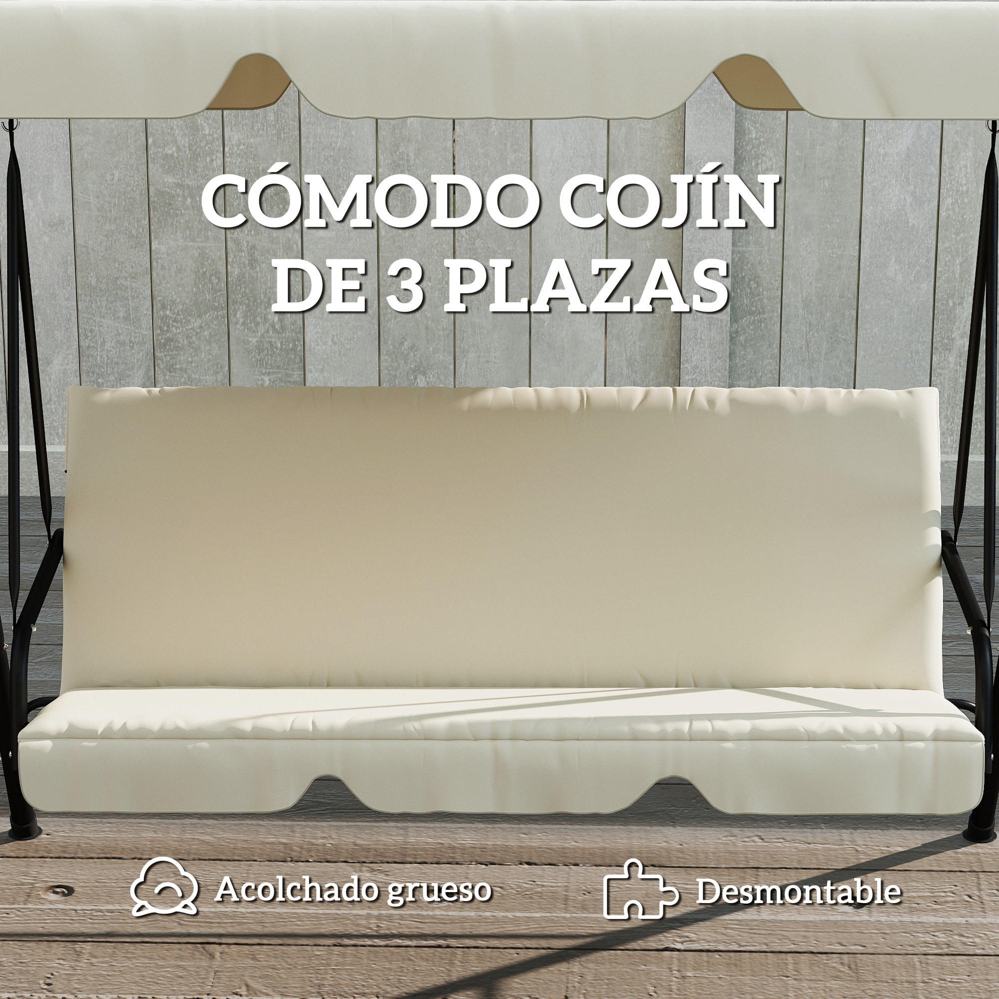 Columpio de Jardín Exterior de 3 Plazas, Balancín de Jardín Exterior con Techo Ajustable, Cojín y Marco de Acero, para Balcón, Terraza, Patio, Carga 240 kg, 172x118x153 cm, Beige