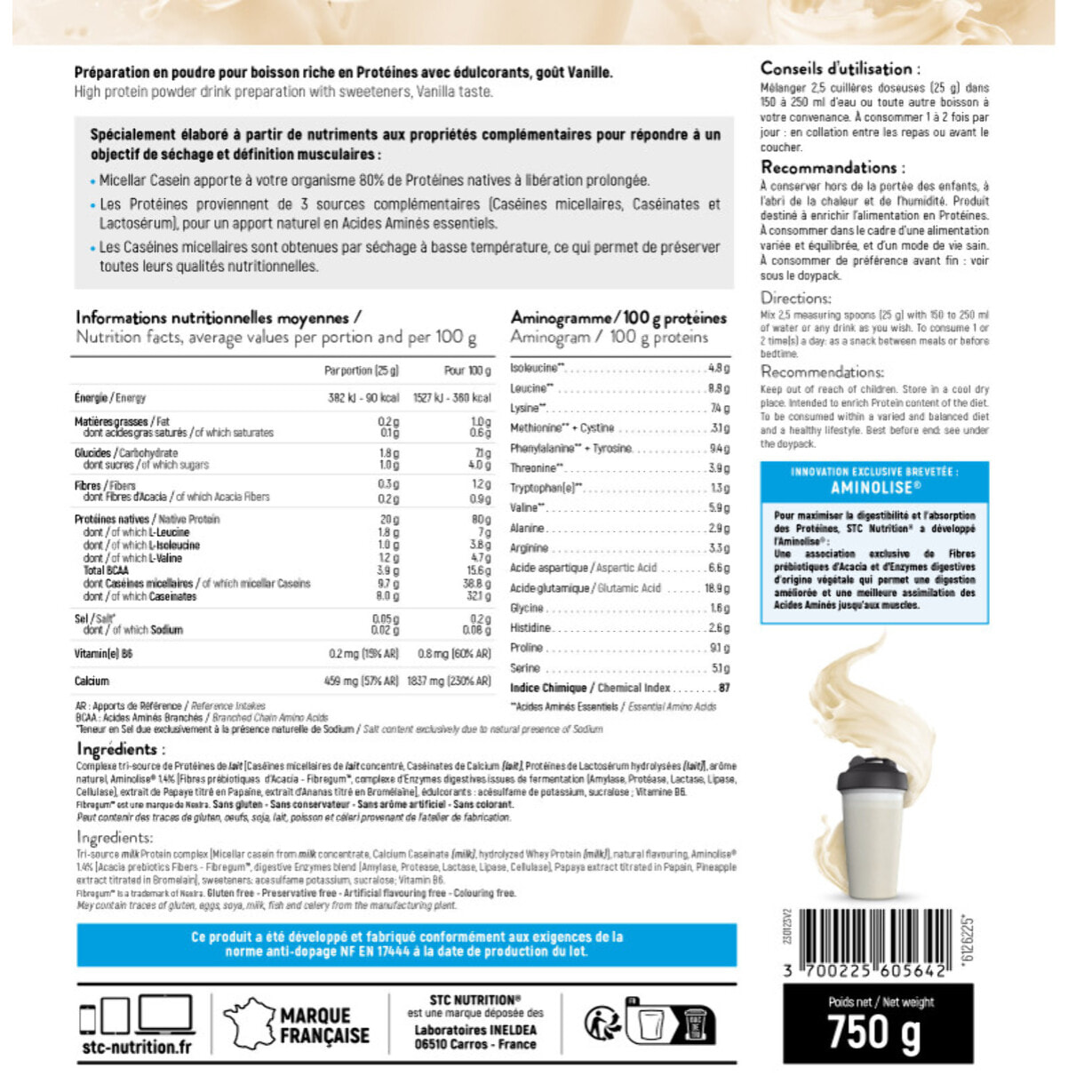 STC NUTRITION - Micellar Casein - Préparation en poudre pour boisson riche en protéines, BCAA, glutamine - Séchage & Définition musculaires - Vanille - 100% Digeste - 30 Shakers - 750g