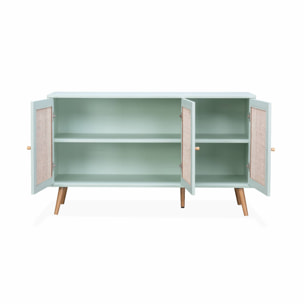 Buffet de rangement en cannage 120x39x70cm  - Bohème - 2 niveaux. 3 portes. pieds scandinaves. buffet bas