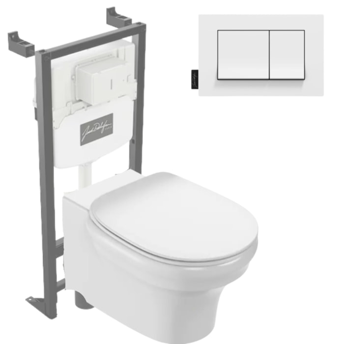 Pack WC suspendu sans bride à économie d'eau Cléo 1889 +  abattant + bâti-support + plaque rectangle blanche
