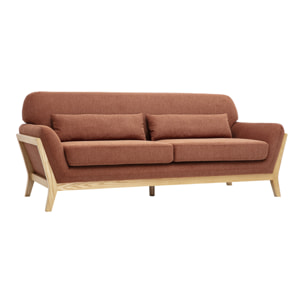Canapé scandinave 3 places en tissu effet velours texturé terre brûlée et bois clair YOKO