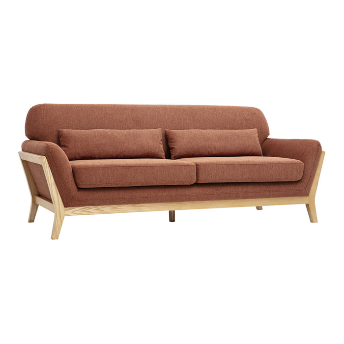 Canapé scandinave 3 places en tissu effet velours texturé terre brûlée et bois clair YOKO