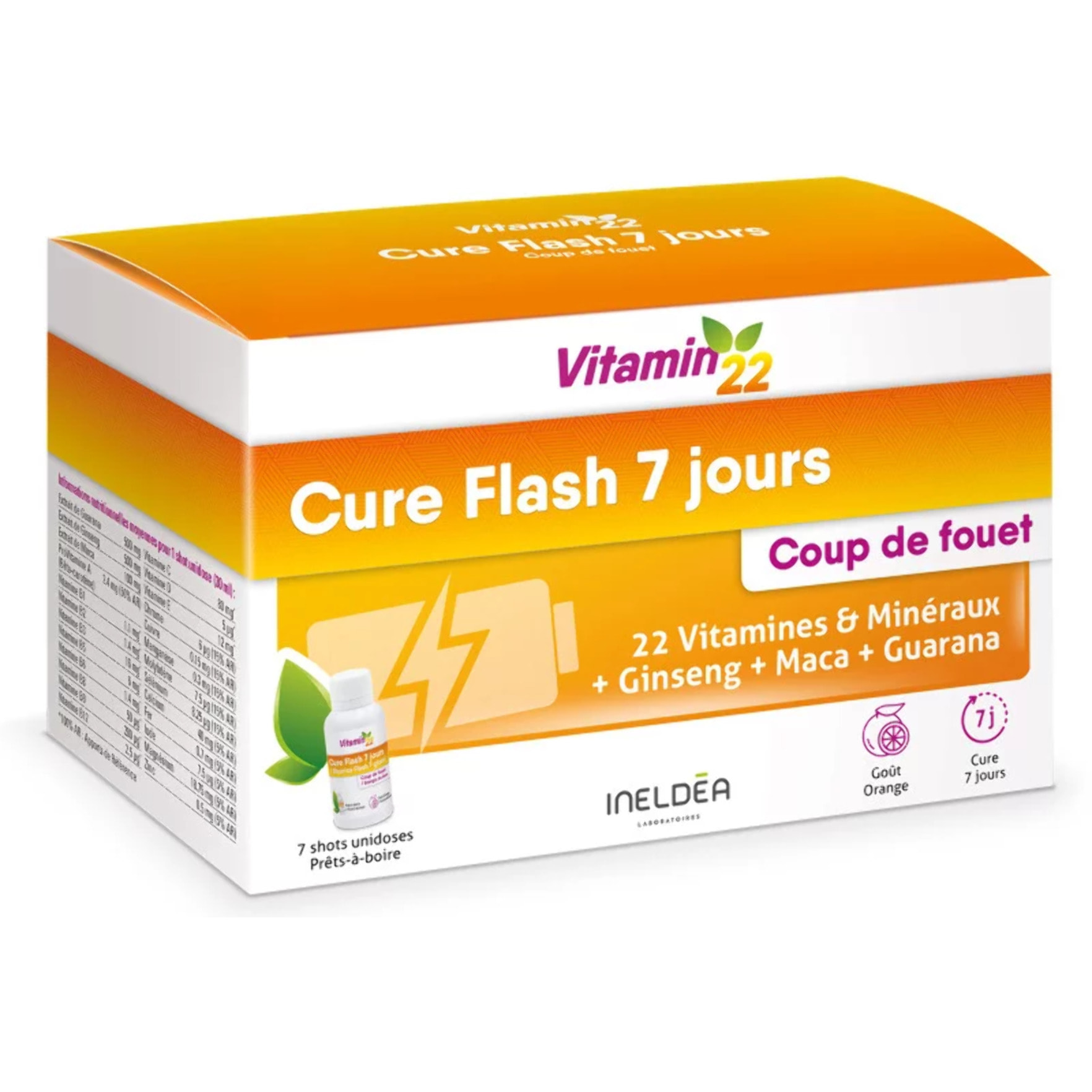 VITAMIN 22 - Cure Flash 7 jours - Formule exclusive coup de fouet - Vitamines + Minéraux + Oligo-éléments - Etui 7 flacons unidoses de 30ml