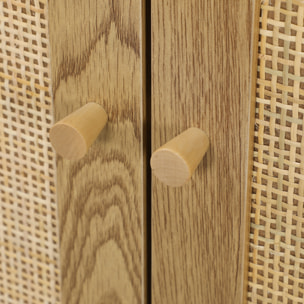 Aparador con 3 Puertas de Ratán, Aparador de Salón Bohemio, con Estantes Ajustables, para Cocina, Entrada, Dormitorio, Madera Natural, 120x40x75 cm