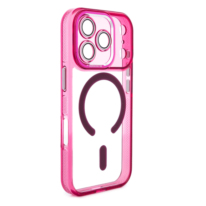 Carcasa transparente con cámara cubierta y bordes fucsia. Magsafe para iPhone 17 Pro.