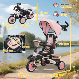 Triciclo Evolutivo 6 en 1 Plegable, Bicicleta para Niños de 1-5 Años, Asiento Giratorio de 360°, Respaldo Reclinable, con Toldo, Pedales, Barra de Empuje, Portavasos, Cesta, Reposapiés, Rosa