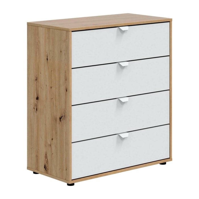 Comodino Spinello, Comò basso, Tavolino da notte, Mensola da letto, 78x40 h86 cm, Bianco e Rovere Nodi