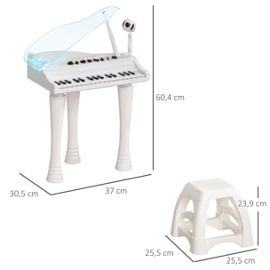 Jouet musical piano électronique - tabouret, micro et support - clavier 37 touches, effet lumineux, nombreux modes - PP blanc