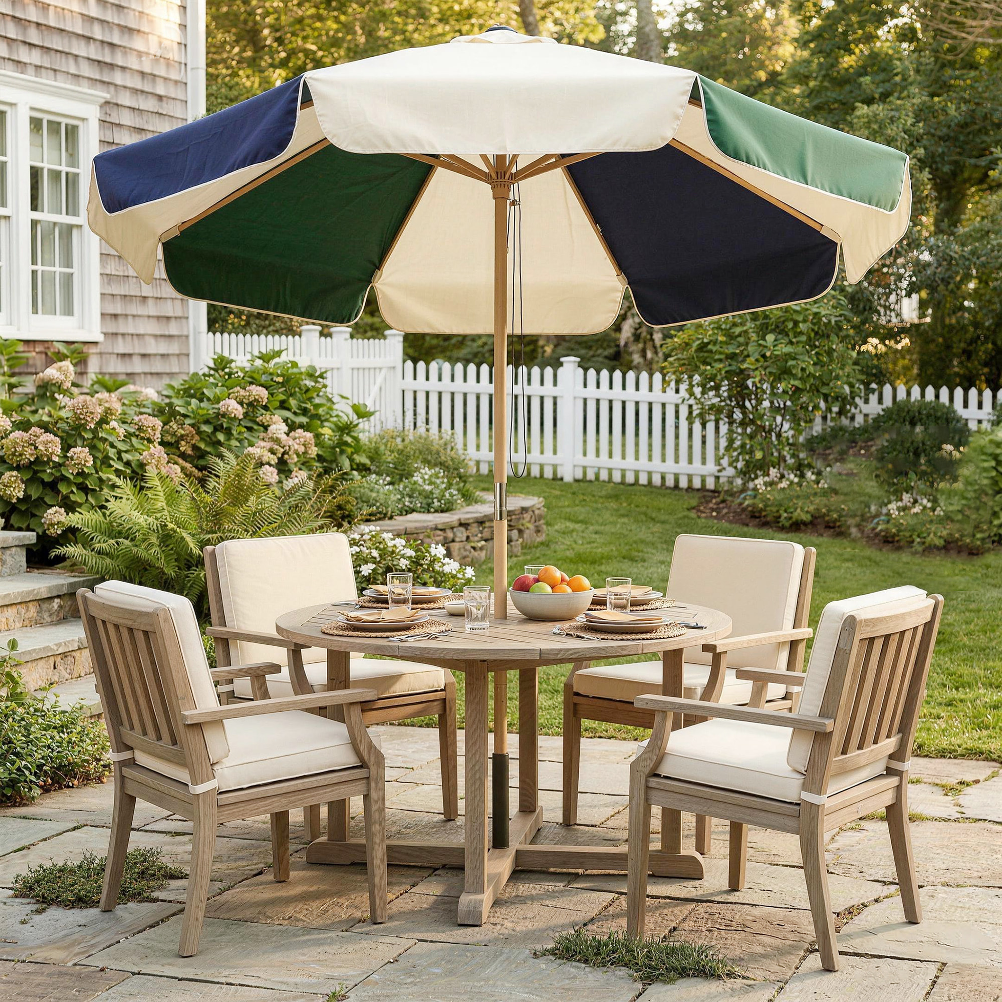 Sombrilla Terraza Exterior, Ø2,3 m, Sombrilla de Jardín con Marco de Efecto Madera, Polea con Cuerda, Dosel Bicolor, UPF30+, Parasol para Playa, Patio, Terraza, Verde Oscuro