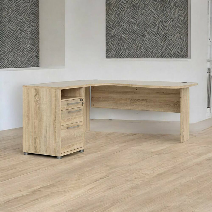Scrivania Roslyn, Scrittoio multiuso, Tavolo per ufficio porta PC, Piano di lavoro, 159x150 h75 cm, Quercia