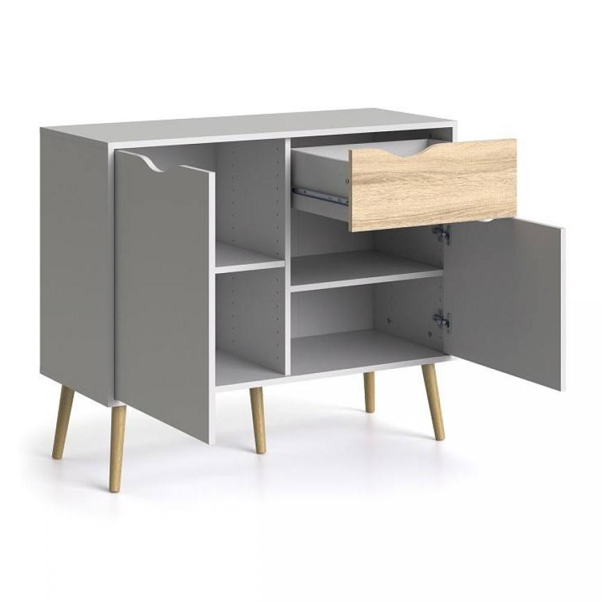 Credenza a due ante e un cassetto, colore bianco e rovere, Misure 98 x 81 x 39 cm