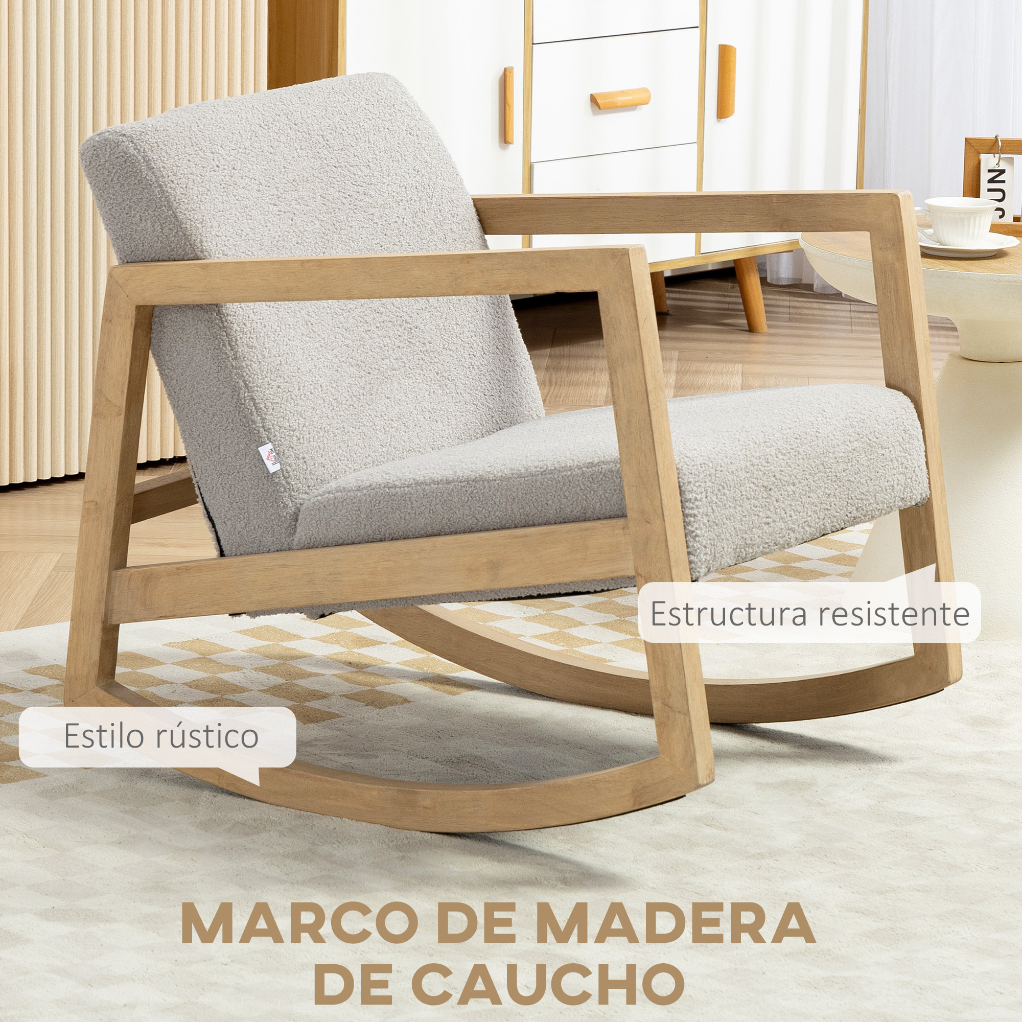 Mecedora Tapizada en Borreguito Silla Mecedora con Patas de Madera de Caucho y Reposabrazos Sillón Relax Carga 150 kg para Dormitorio Salón Gris