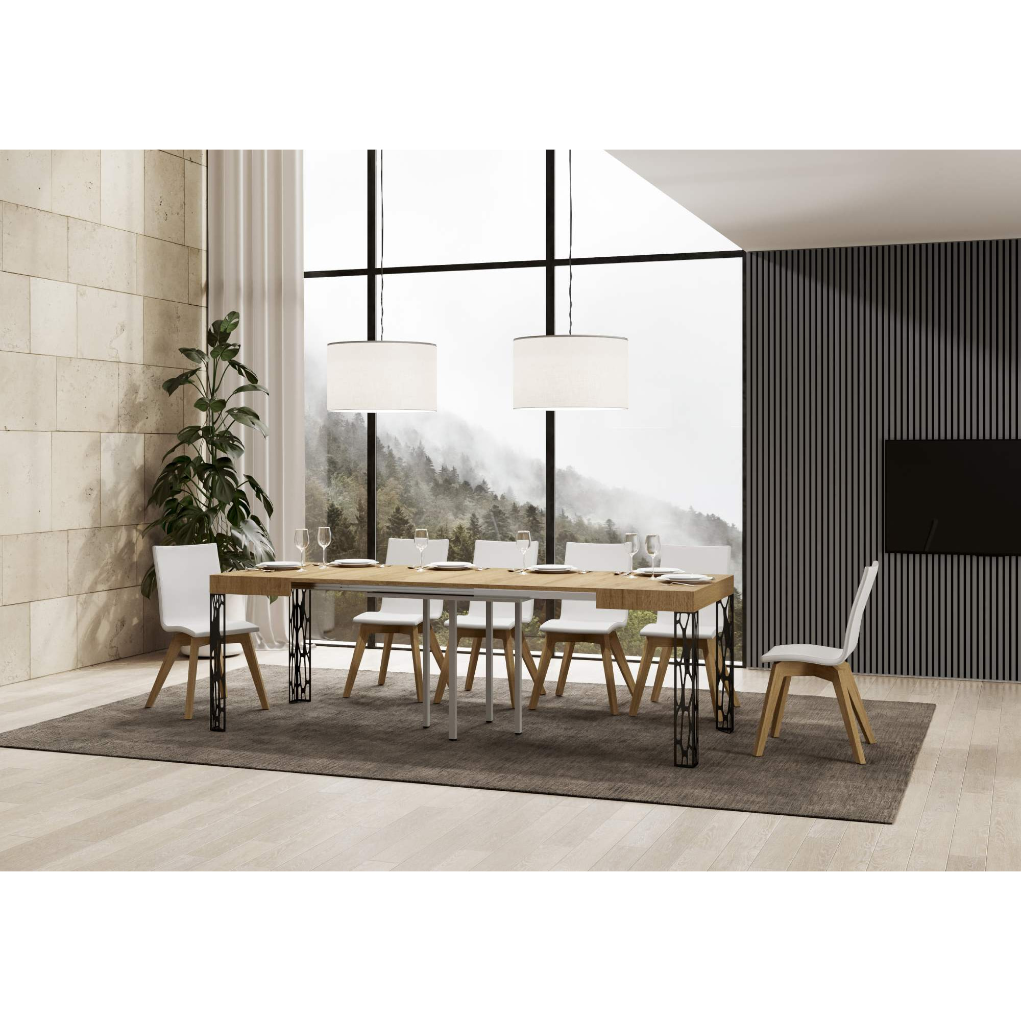 Table Ghibli Extensible Dessus Chêne Nature 90x90 Allongée 246 cadre Anthracite