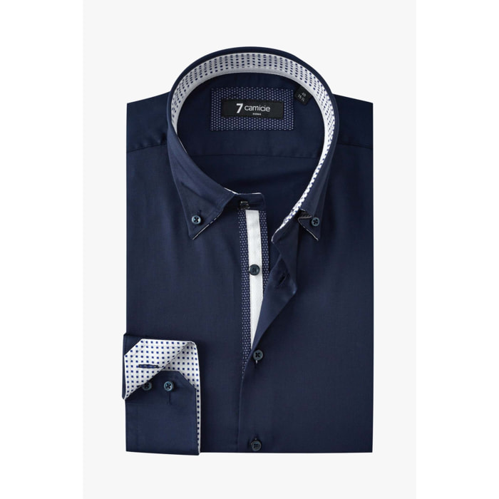 Camicia Uomo 2 Bottoni Button Down Slim Satin Unito Blu