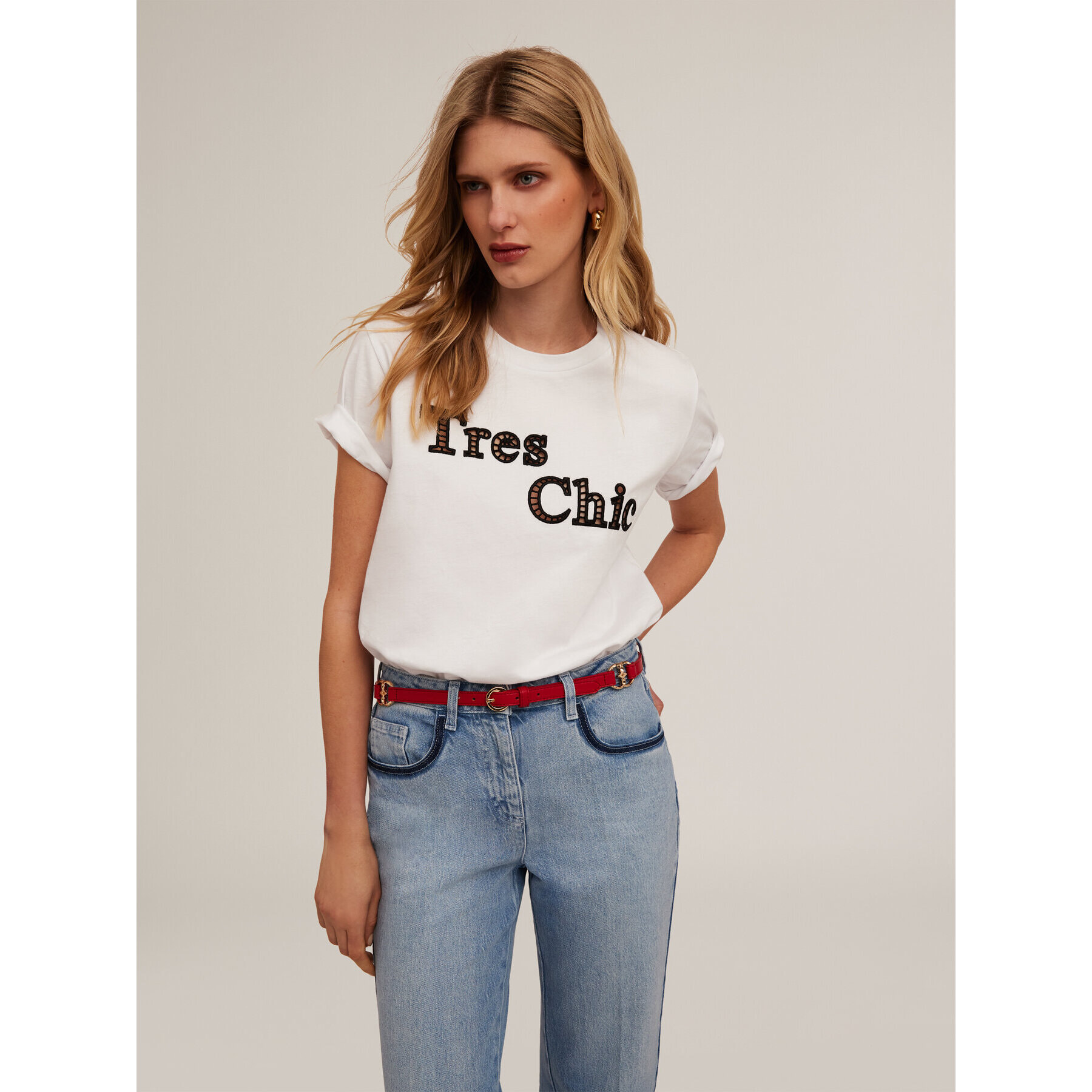 Motivi - Camiseta de algodón con escritura bordada - Blanco