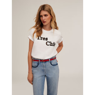 Motivi - Camiseta de algodón con escritura bordada - Blanco