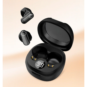 Mini auriculares TWS M400L. Ultracompactos y equilibrados, control táctil con sonido directo, traducción en tiempo real y asistente de voz IA.