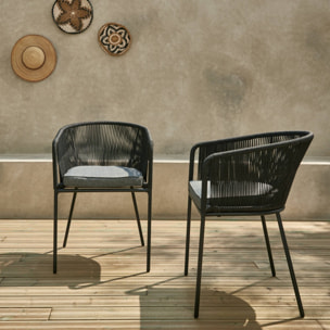 Lot de 2 fauteuils de jardin en corde noire et acier galvanisé. coussin gris