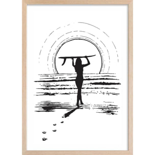 Poster surfeuse sunset Affiche + cadre en bois - Chêne