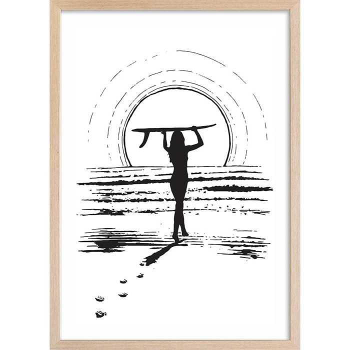 Poster surfeuse sunset Affiche + cadre en bois - Chêne