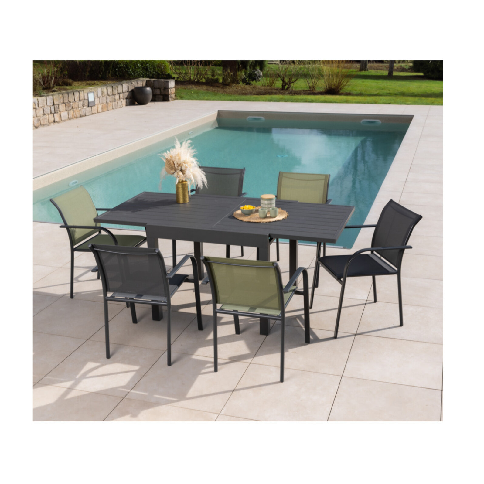 HONFLEUR BEZIERS - Ensemble table et chaises de jardin  - Gris Anthracite et Vert sauge