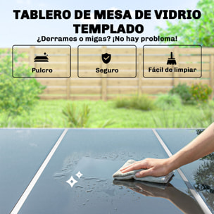 Conjunto de Mesa y Sillas Jardín de 7 Piezas, Muebles Jardín Exterior con Mesa de Vidrio Templado, 6 Sillas Apilables Transpirables, Marco de Metal Resistente a la Intemperie, Blanco y Gris