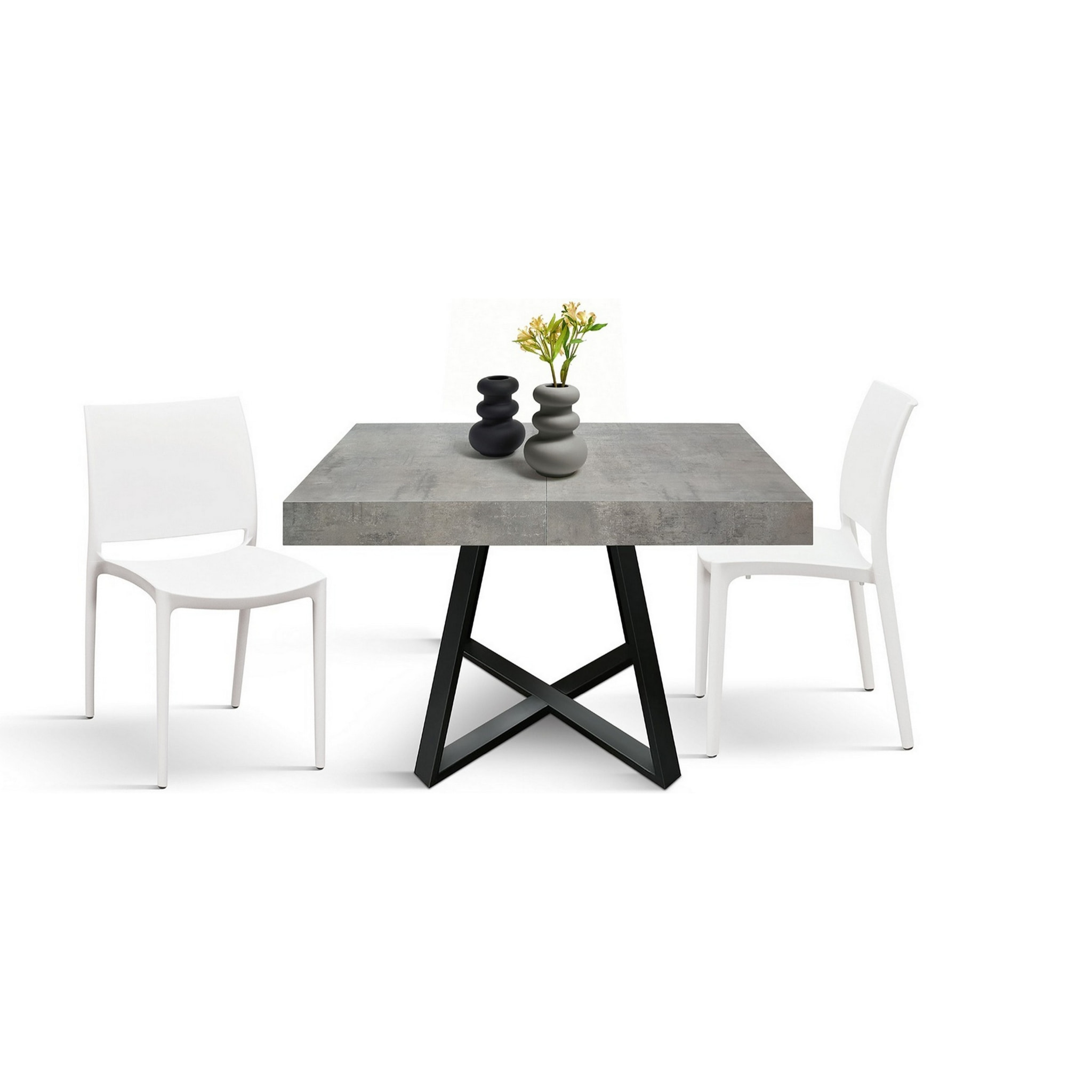 Tavolo FORTE DEI MARMI in legno, finitura grigio cemento e base a X in metallo antracite, allungabile 95x90 cm - 145 x 90 cm