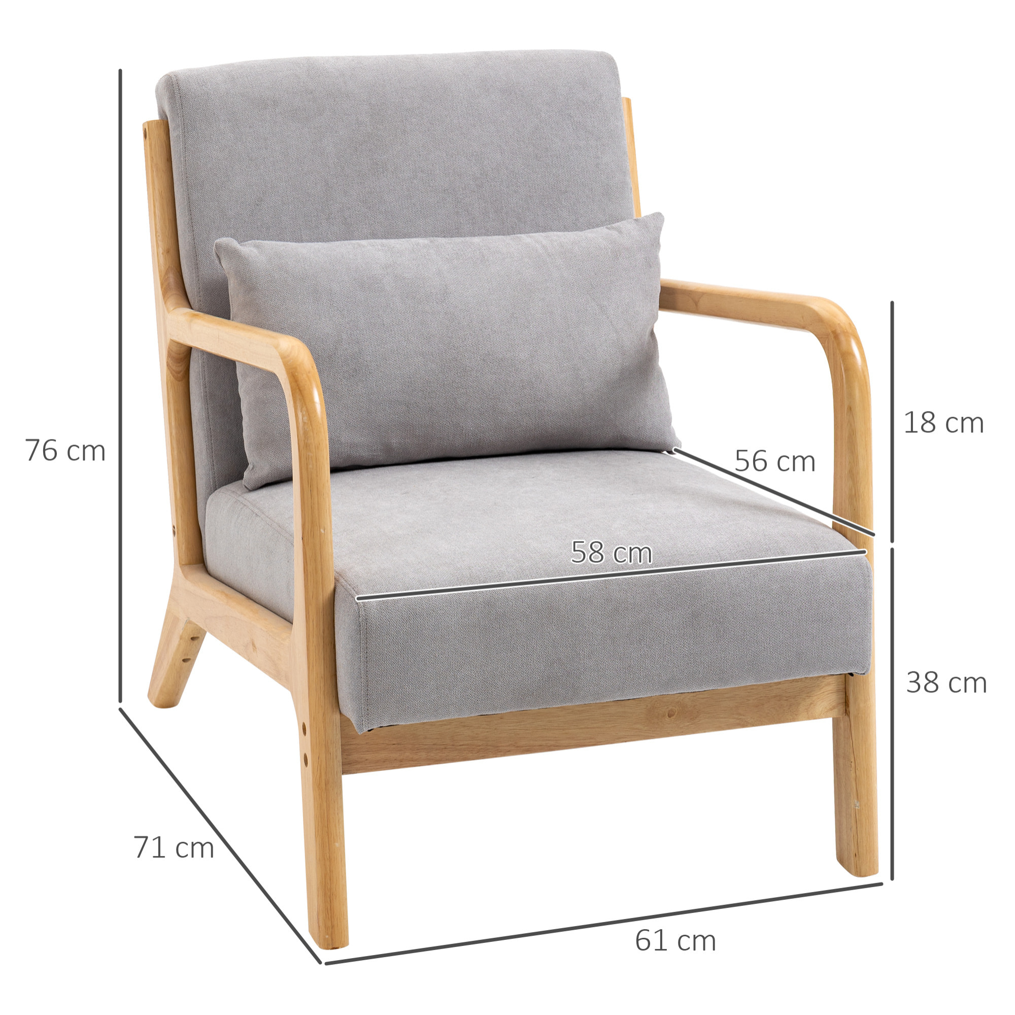 Fauteuil lounge - 3 coussins inclus - assise profonde - accoudoirs - structure bois hévéa - aspect velours gris