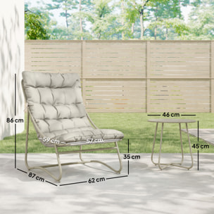 Conjunto de Mesa y Sillas de Terraza Exterior de 3 Piezas, Muebles de Jardín Exterior con Cojines, 2 Sillas Lounge Transpirable, Mesa de Café y Marco de Acero, para Patio, Balcón, Gris Claro