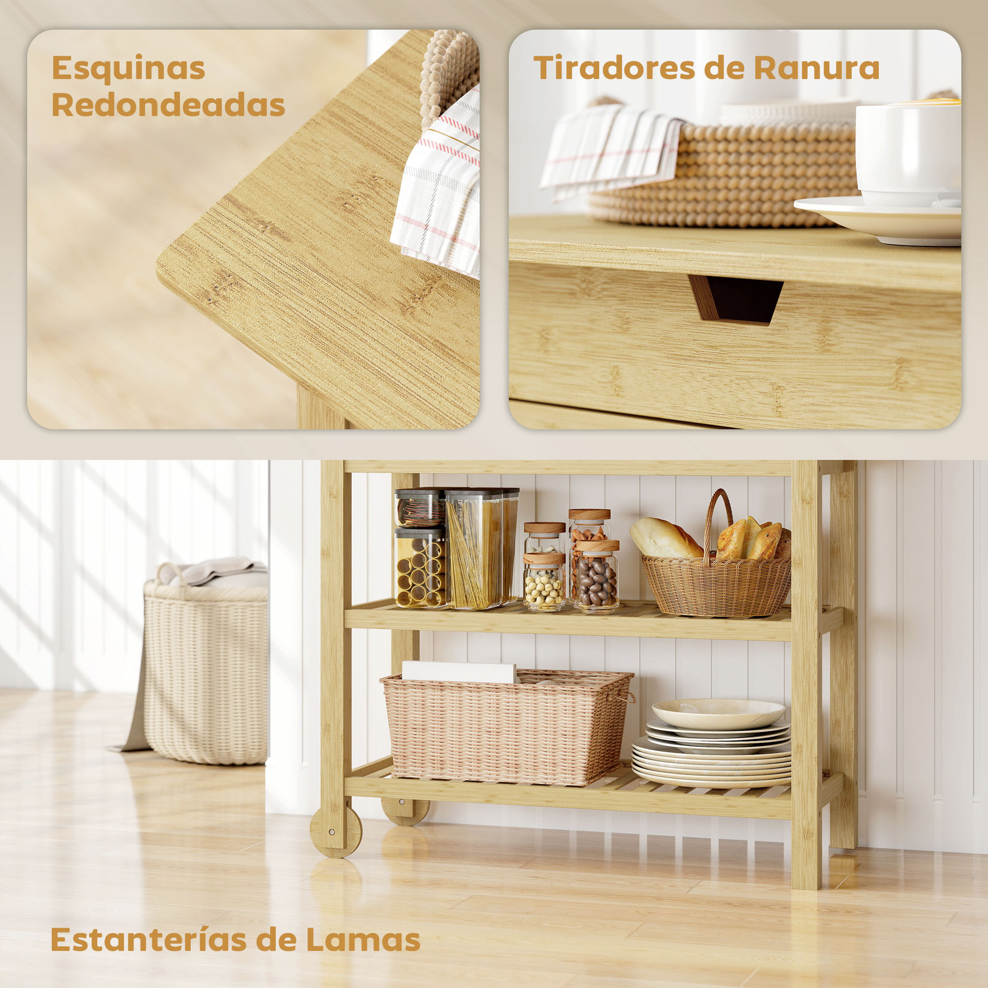 Carrito Auxiliar con Ruedas de Bambú, Carro de Servicio con 2 Cajones, 2 Estantes de Listones, 2 Ruedas, Carrito para Cocina, Restaurante, 100x43x75 cm, Natural