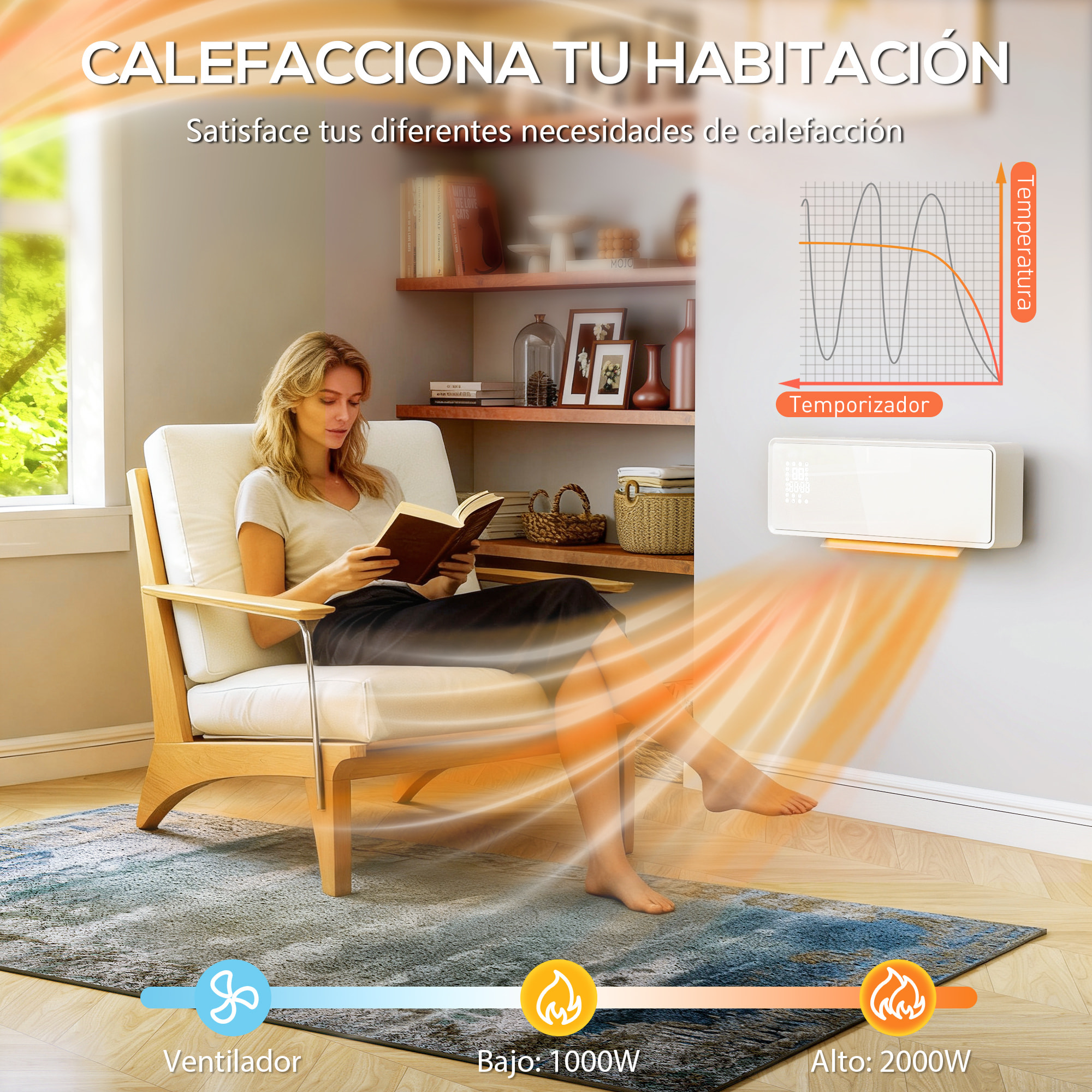 Calefactor Eléctrico Bajo Consumo Cerámico de Pared, 2000W, con 3 Modos, Pantalla LED, Termostato, Temporizador, Oscilación, Mando a Distancia, Detección de Ventanas Abiertas y Panel de Vidrio